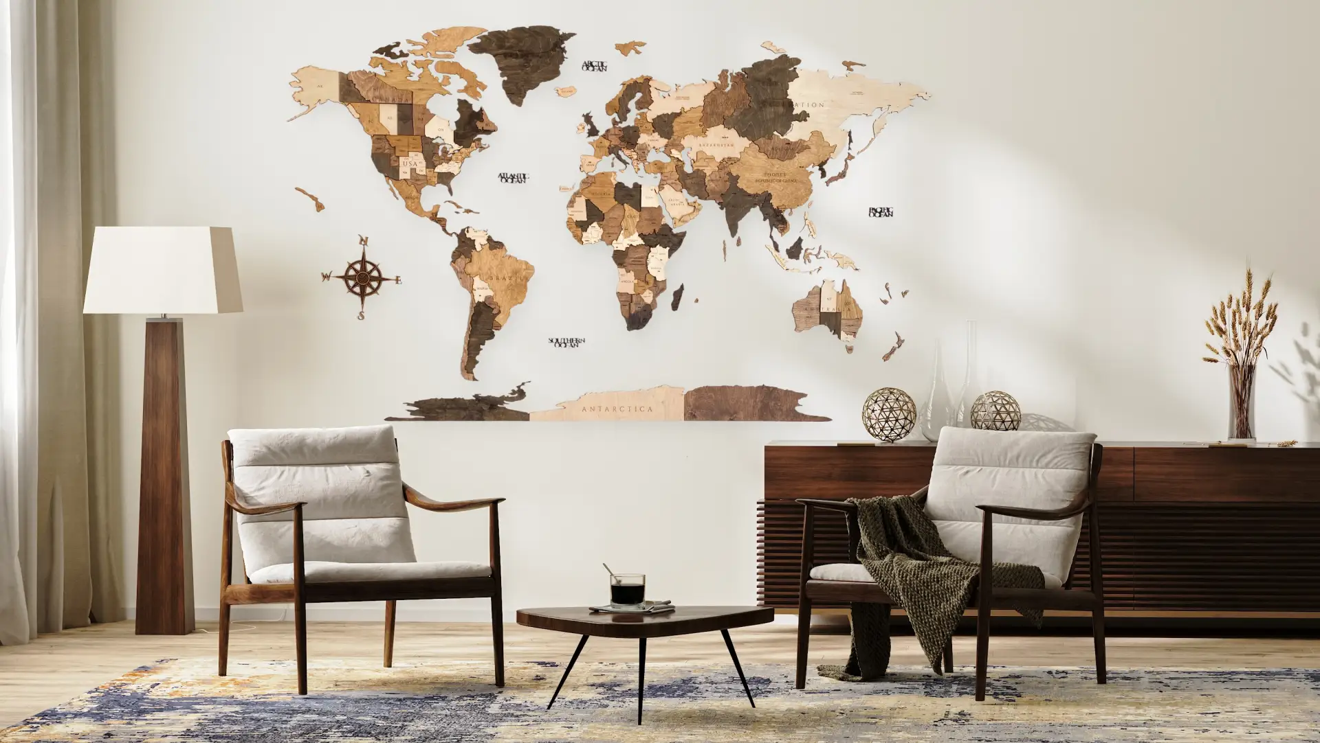 дървена карта на света за стена 3Д 